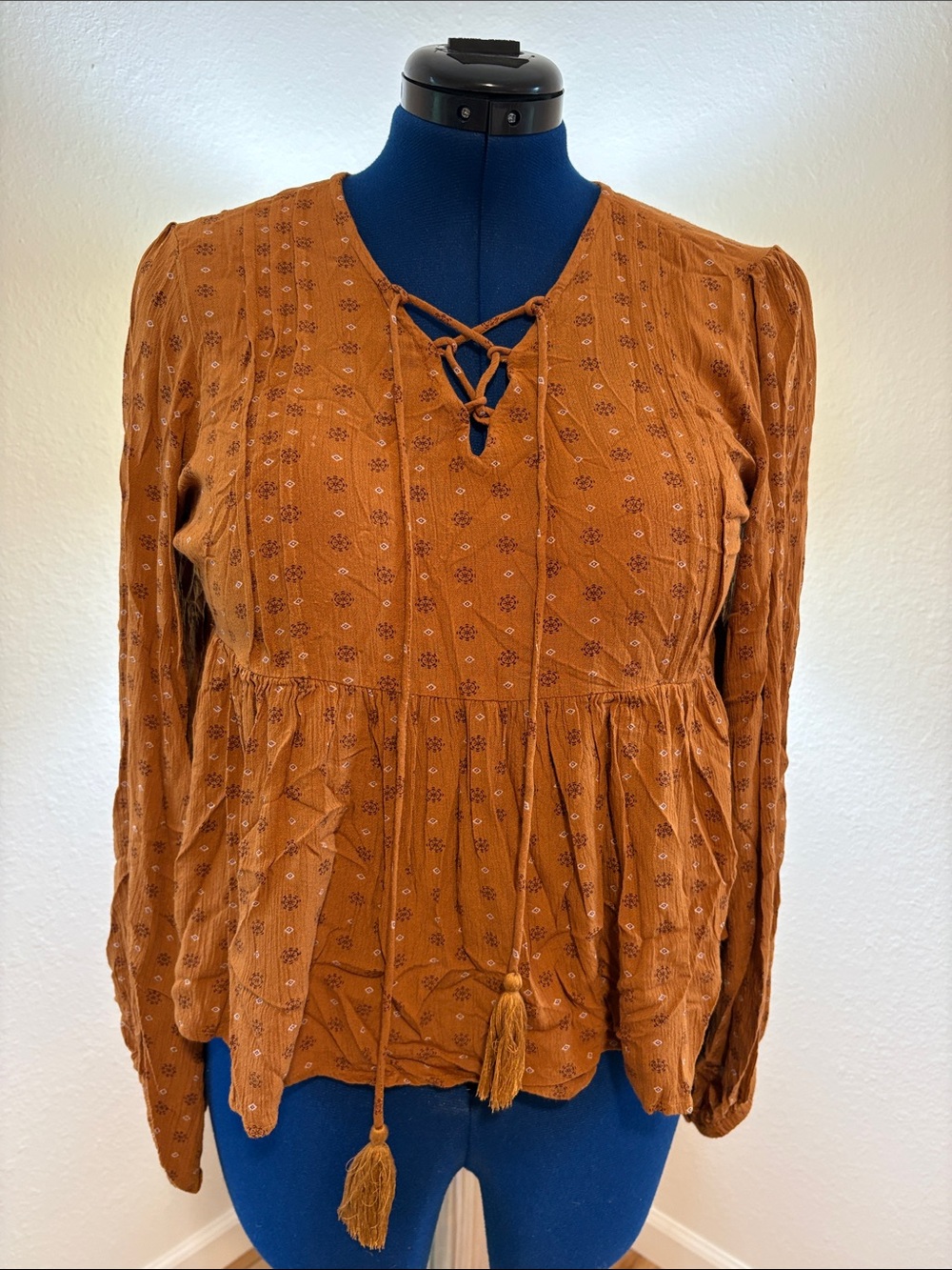 Shyanne Rust Lace-Up Peasant Tunic Top